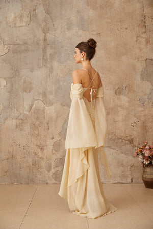 Aurohaya Mélusine Neutral Ruched Chiffon Maxi Dress