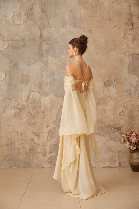 Aurohaya Mélusine Neutral Ruched Chiffon Maxi Dress