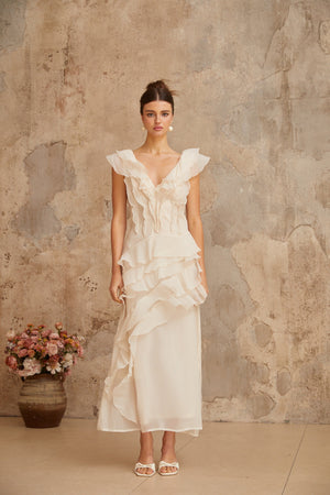 Aurohaya Hélène faux-flower layered ruffled maxi dress