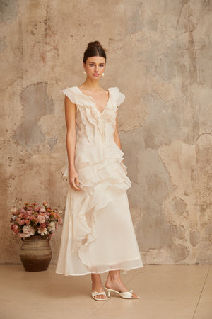 Aurohaya Hélène faux-flower layered ruffled maxi dress