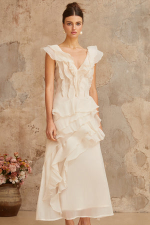 Aurohaya Hélène faux-flower layered ruffled maxi dress