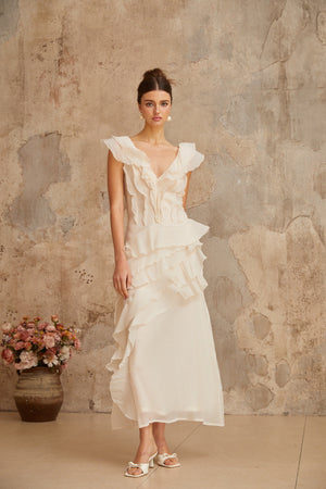 Aurohaya Hélène faux-flower layered ruffled maxi dress