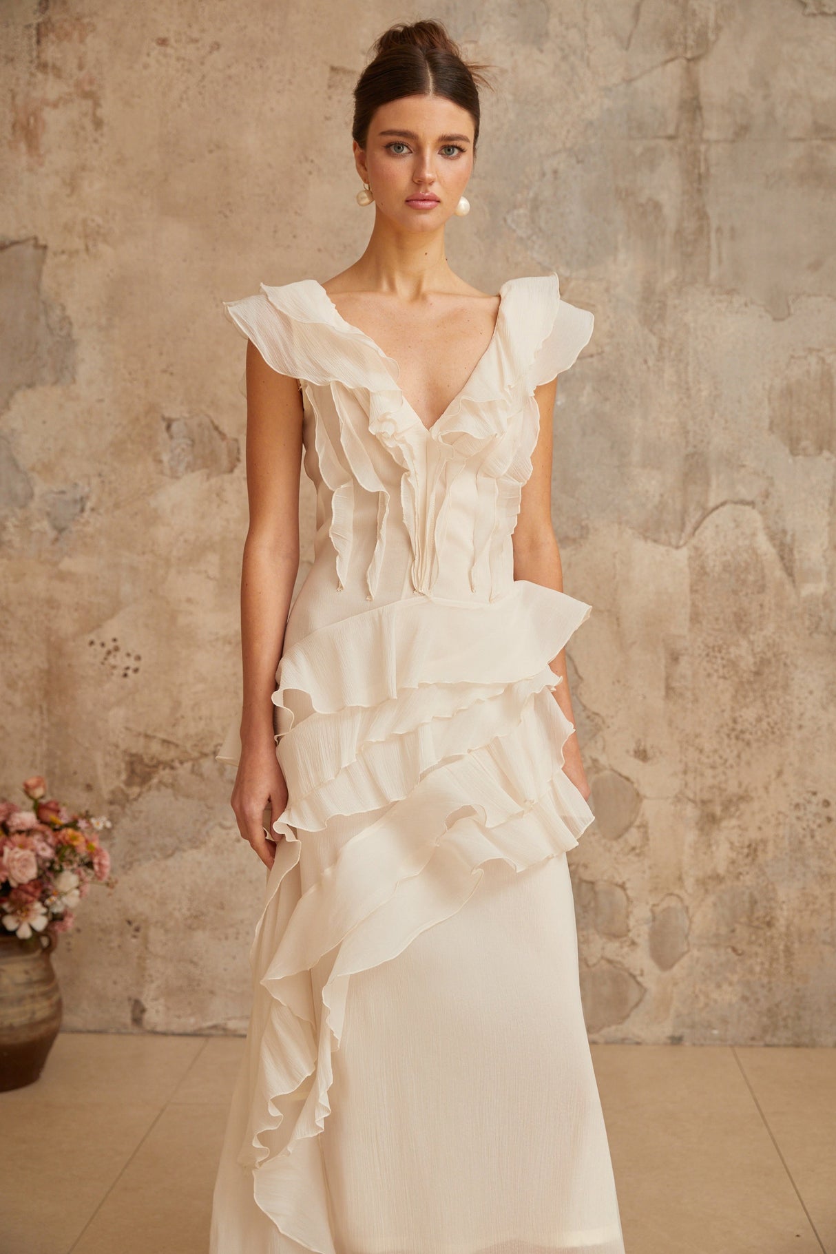 Aurohaya Hélène faux-flower layered ruffled maxi dress