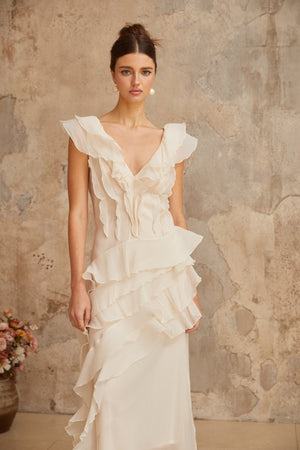 Aurohaya Hélène faux-flower layered ruffled maxi dress