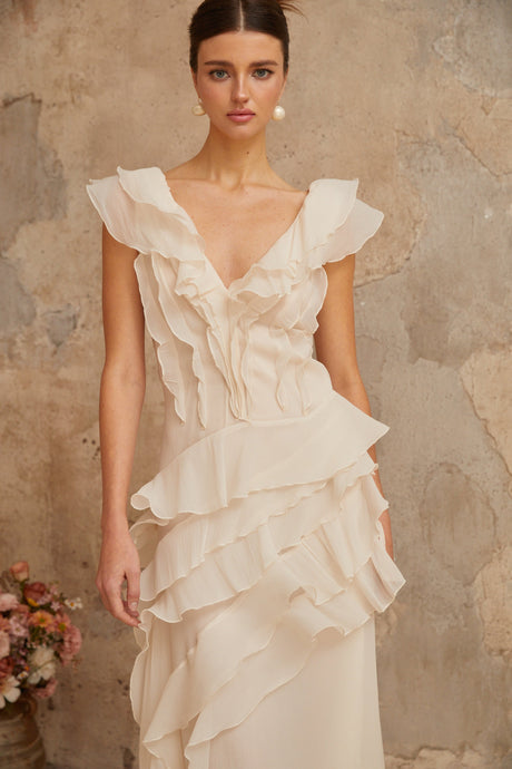 Aurohaya Hélène faux-flower layered ruffled maxi dress