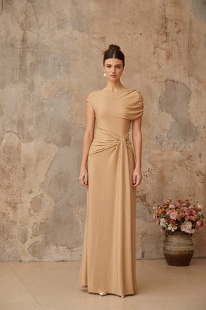 Aurohaya Rosalie gold asymmetrical pleated maxi dress