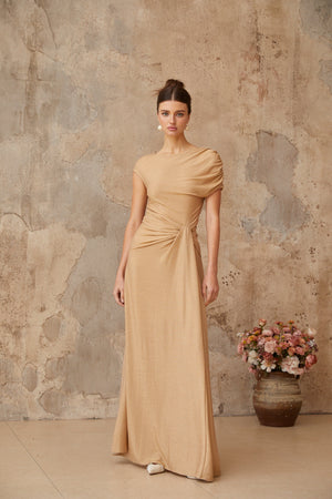 Aurohaya Rosalie gold asymmetrical pleated maxi dress