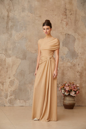 Aurohaya Rosalie gold asymmetrical pleated maxi dress