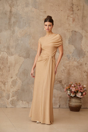 Aurohaya Rosalie gold asymmetrical pleated maxi dress