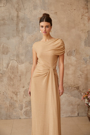 Aurohaya Rosalie gold asymmetrical pleated maxi dress