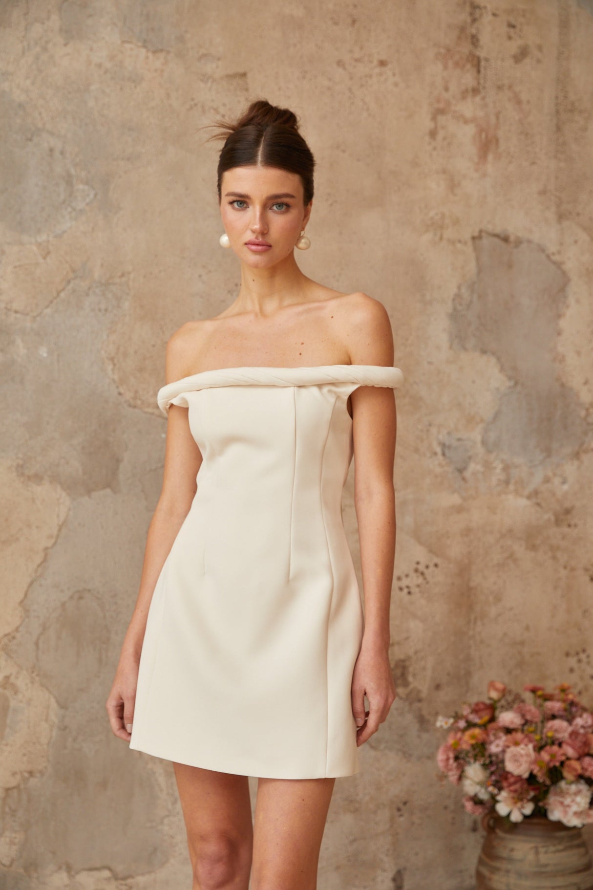 Aurohaya Lecollet white braid-detail puff mini dress