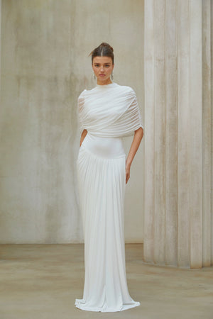 Aurohaya Catherine White Asymmetrical Pleated Maxi Dress