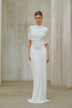 Aurohaya Catherine White Asymmetrical Pleated Maxi Dress