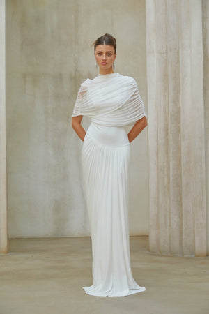 Aurohaya Catherine White Asymmetrical Pleated Maxi Dress
