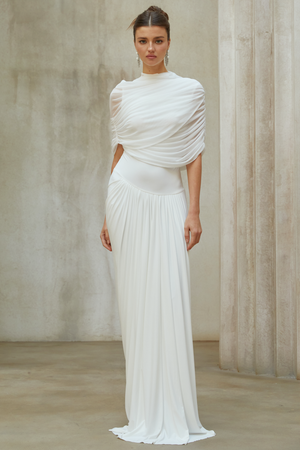 Aurohaya Catherine White Asymmetrical Pleated Maxi Dress