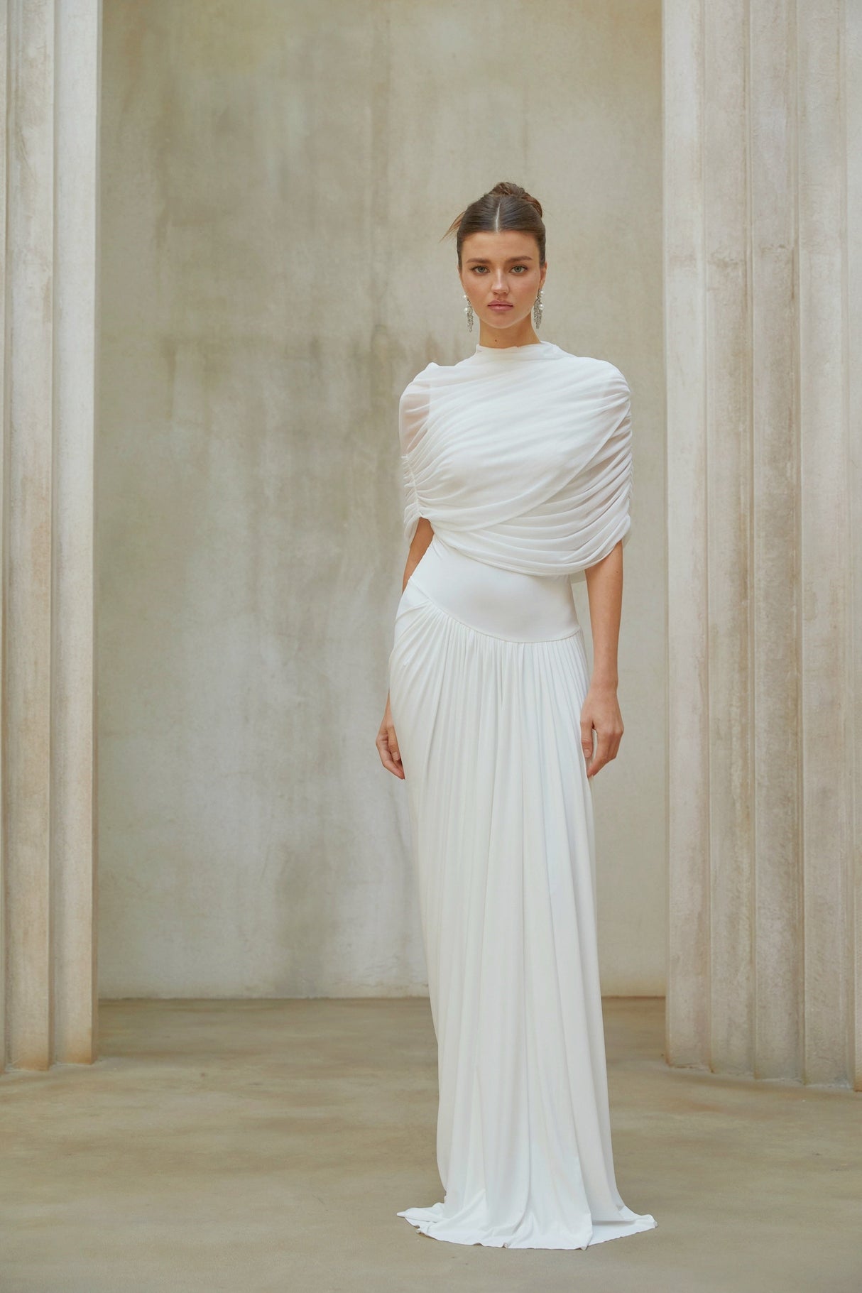Aurohaya Catherine White Asymmetrical Pleated Maxi Dress