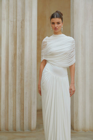 Aurohaya Catherine White Asymmetrical Pleated Maxi Dress