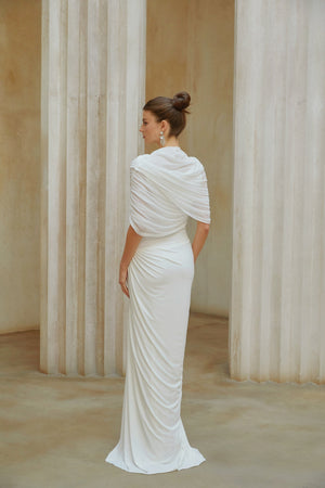Aurohaya Catherine White Asymmetrical Pleated Maxi Dress