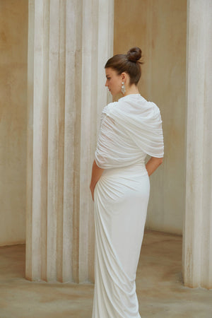 Aurohaya Catherine White Asymmetrical Pleated Maxi Dress