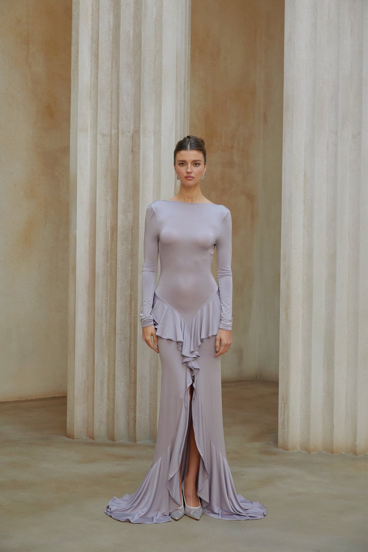 Aurohaya Xenia Purple Ruffle Detail Maxi Dress with Front Slit