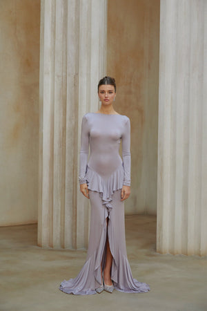 Aurohaya Xenia Purple Ruffle Detail Maxi Dress with Front Slit