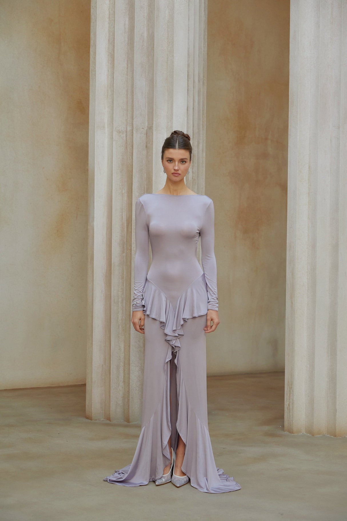 Aurohaya Xenia Purple Ruffle Detail Maxi Dress with Front Slit