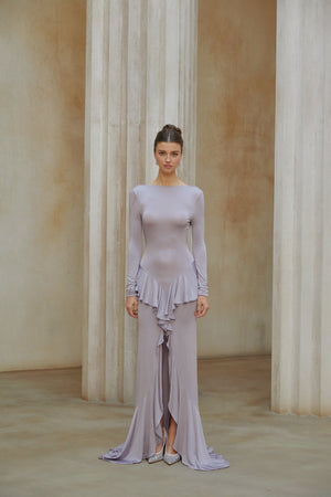 Aurohaya Xenia Purple Ruffle Detail Maxi Dress with Front Slit