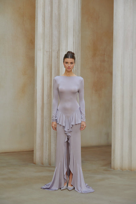 Aurohaya Xenia Purple Ruffle Detail Maxi Dress with Front Slit