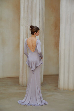 Aurohaya Xenia Purple Ruffle Detail Maxi Dress with Front Slit