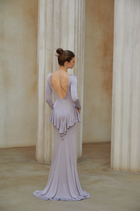 Aurohaya Xenia Purple Ruffle Detail Maxi Dress with Front Slit