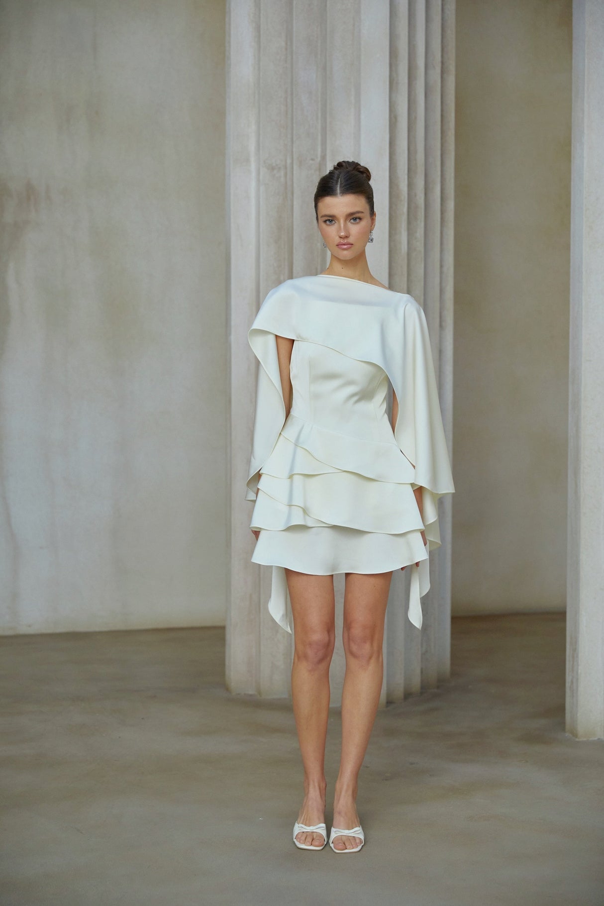 Aurohaya Lyna White Satin Ruffled Mini Dress with Shawl Panel Detail