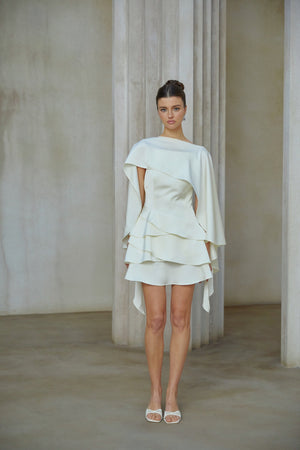 Aurohaya Lyna White Satin Ruffled Mini Dress with Shawl Panel Detail