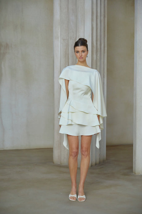 Aurohaya Lyna White Satin Ruffled Mini Dress with Shawl Panel Detail