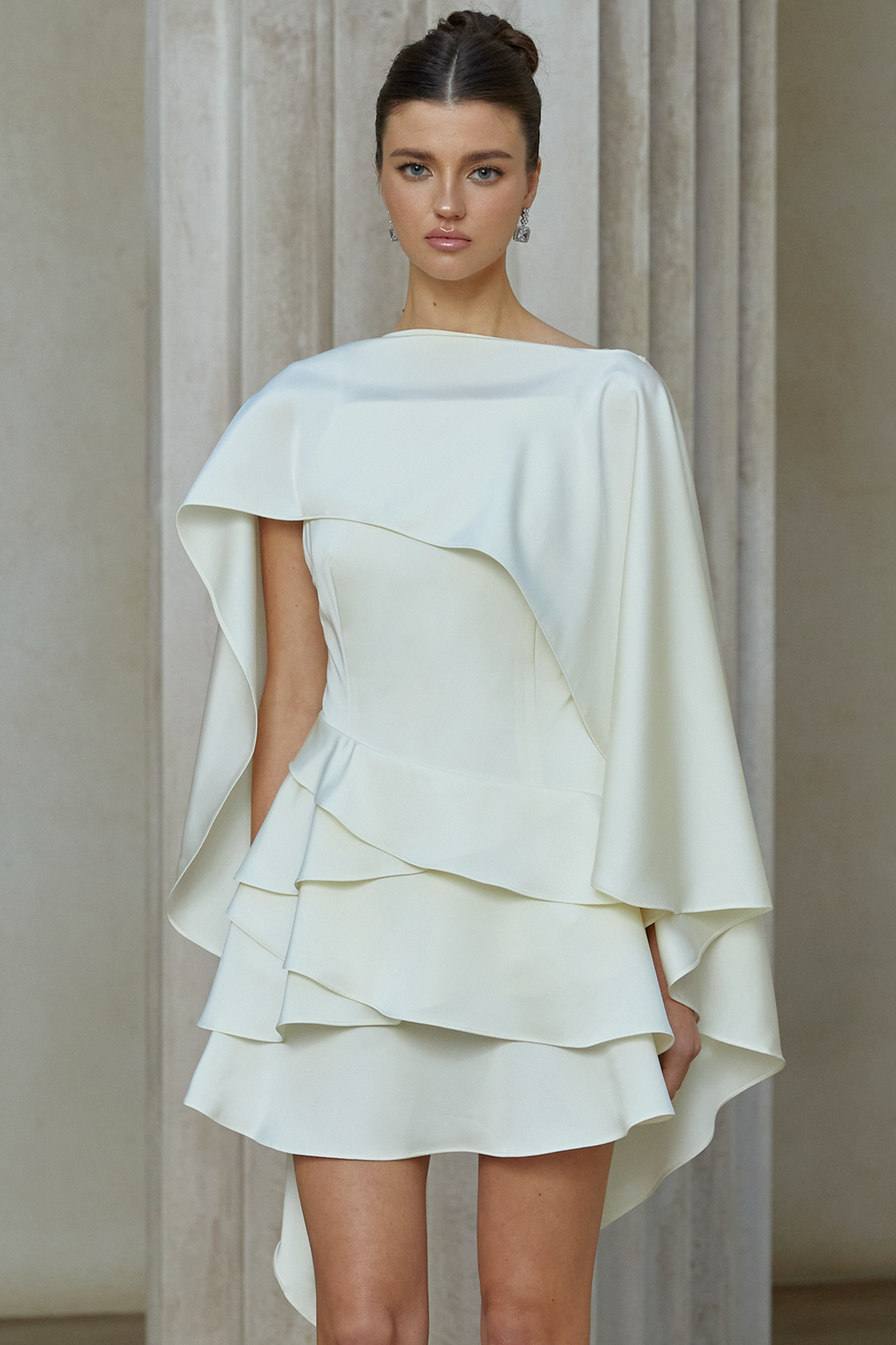Aurohaya Lyna White Satin Ruffled Mini Dress with Shawl Panel Detail