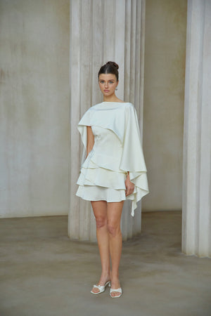 Aurohaya Lyna White Satin Ruffled Mini Dress with Shawl Panel Detail