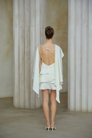 Aurohaya Lyna White Satin Ruffled Mini Dress with Shawl Panel Detail