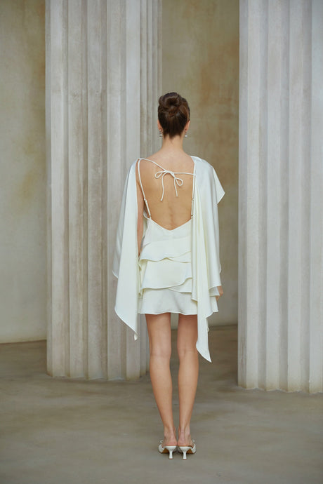 Aurohaya Lyna White Satin Ruffled Mini Dress with Shawl Panel Detail