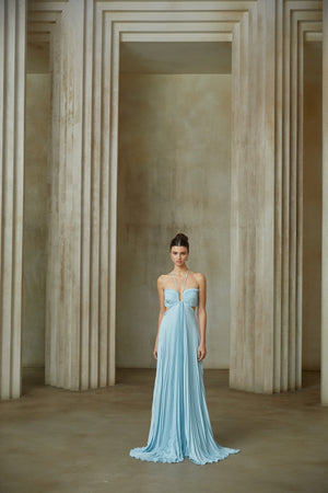 Aurohaya Andréa Blue Pleated Maxi Dress with Cutout Detail