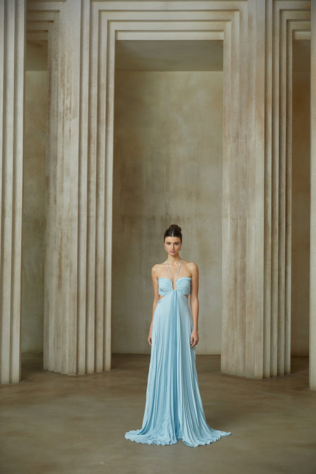 Aurohaya Andréa Blue Pleated Maxi Dress with Cutout Detail