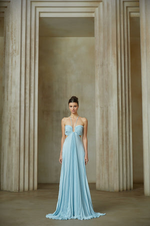 Aurohaya Andréa Blue Pleated Maxi Dress with Cutout Detail