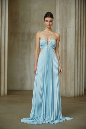 Aurohaya Andréa Blue Pleated Maxi Dress with Cutout Detail
