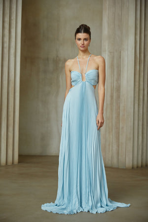 Aurohaya Andréa Blue Pleated Maxi Dress with Cutout Detail