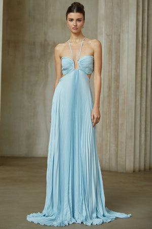Aurohaya Andréa Blue Pleated Maxi Dress with Cutout Detail