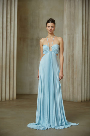 Aurohaya Andréa Blue Pleated Maxi Dress with Cutout Detail