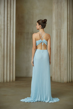 Aurohaya Andréa Blue Pleated Maxi Dress with Cutout Detail