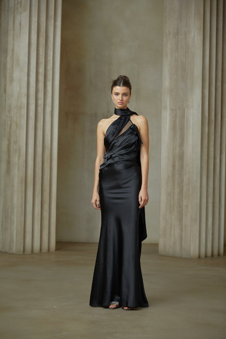 Aurohaya Maureen black ribbon-design satin maxi dress