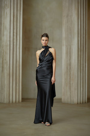 Aurohaya Maureen black ribbon-design satin maxi dress
