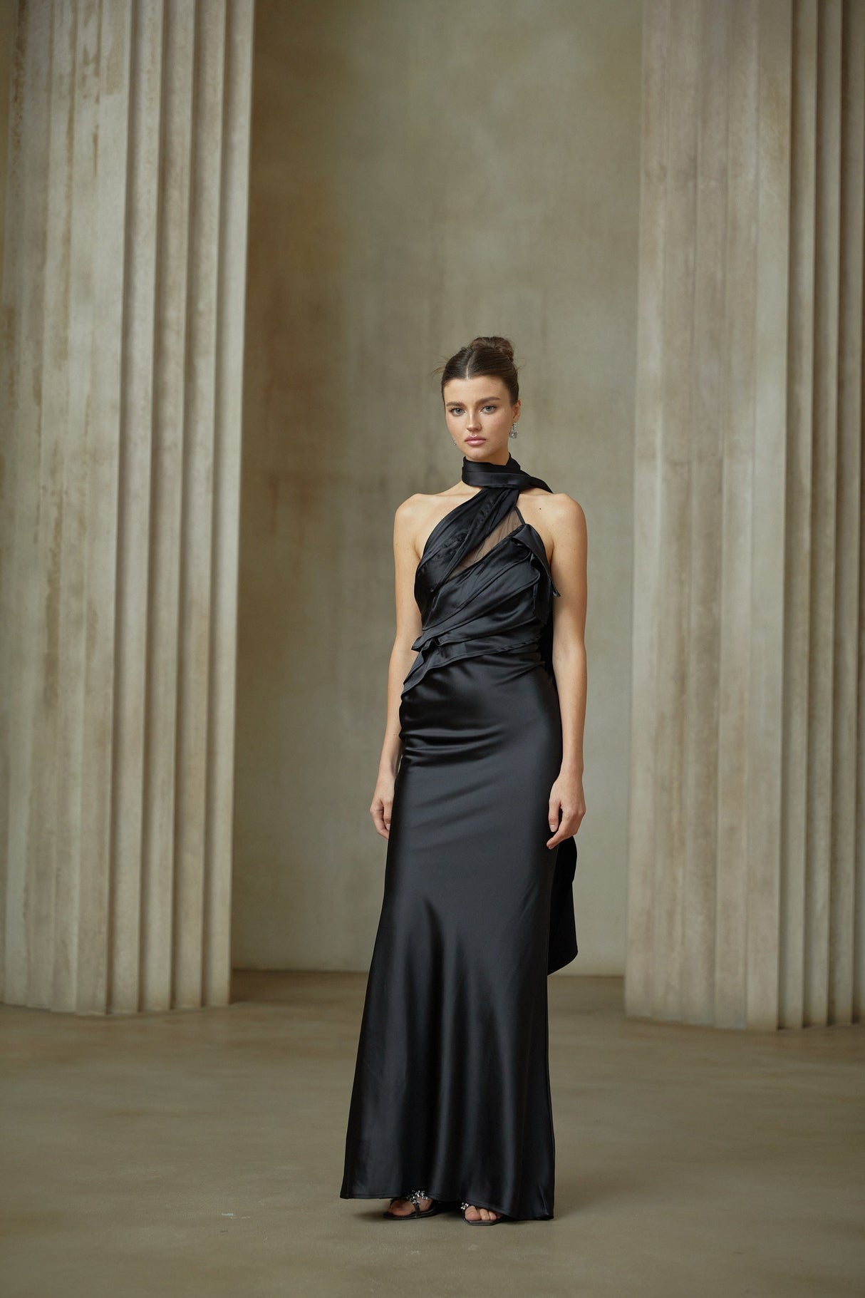 Aurohaya Maureen black ribbon-design satin maxi dress