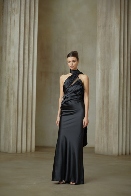 Aurohaya Maureen black ribbon-design satin maxi dress