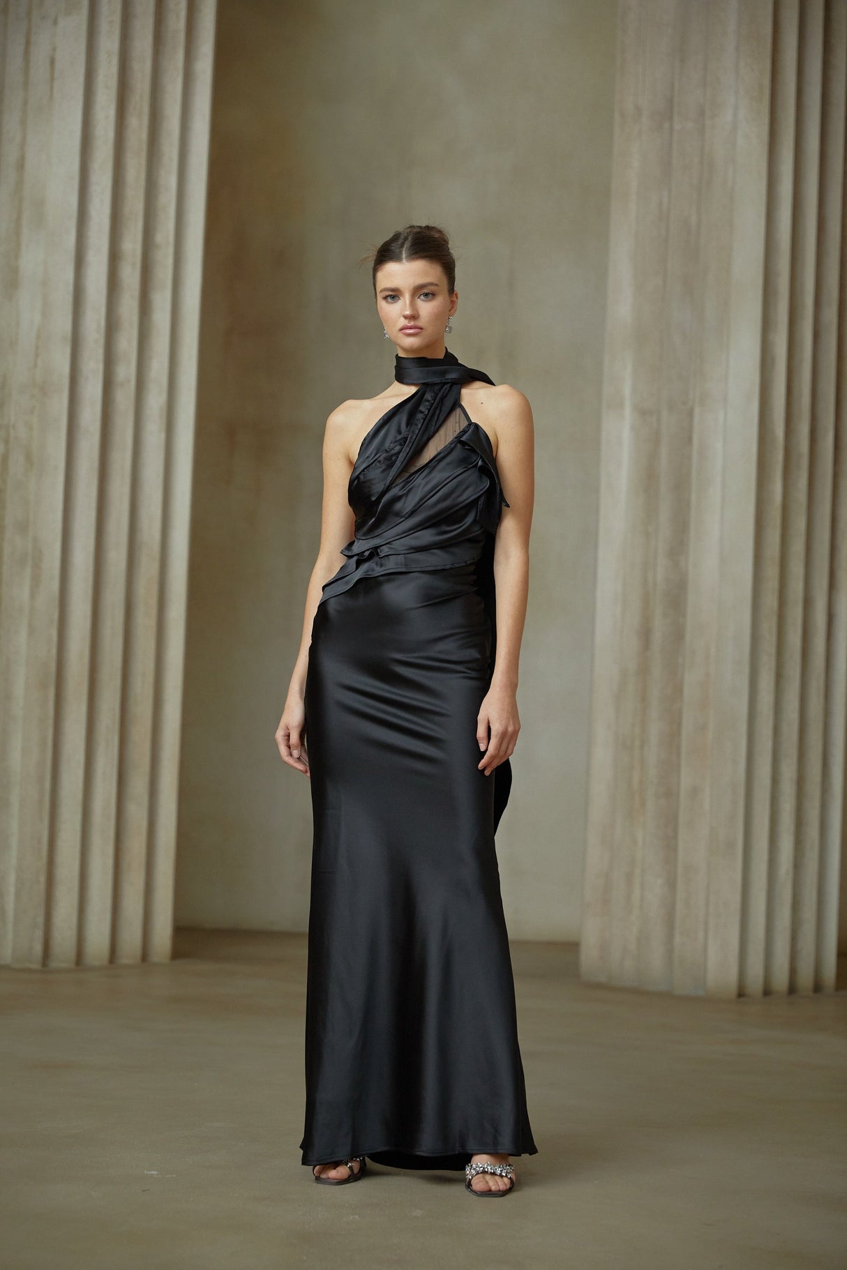 Aurohaya Maureen black ribbon-design satin maxi dress